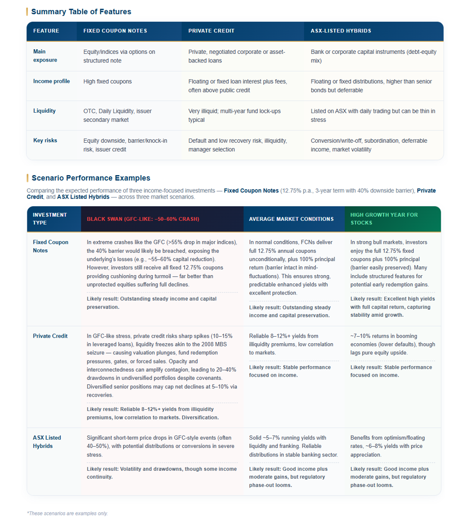 Comparisons to other alternative income style assets of Hybrids and Private credit 
