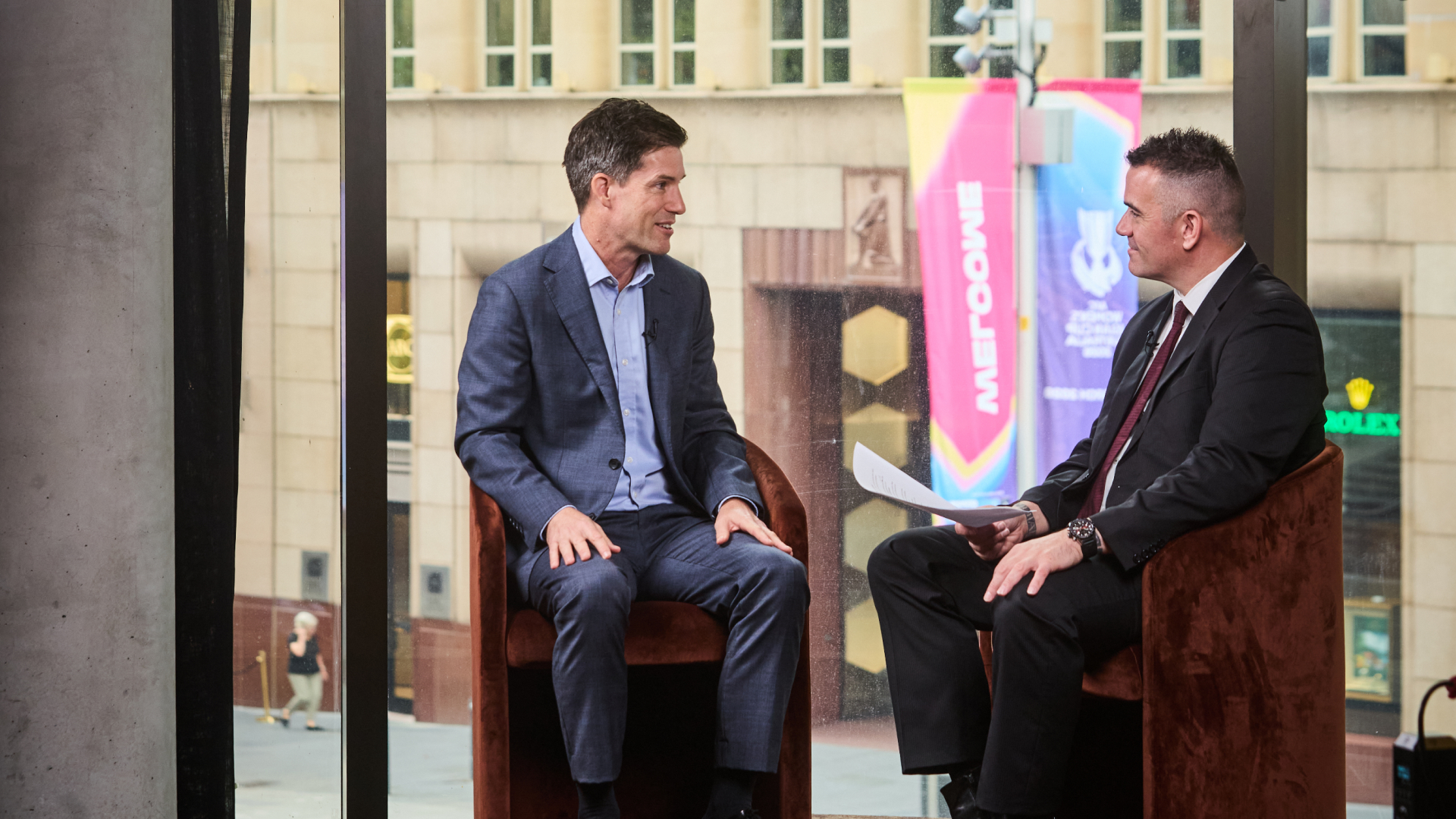 Betashares' Cameron Gleeson being interviewed by Livewire's Chris Conway