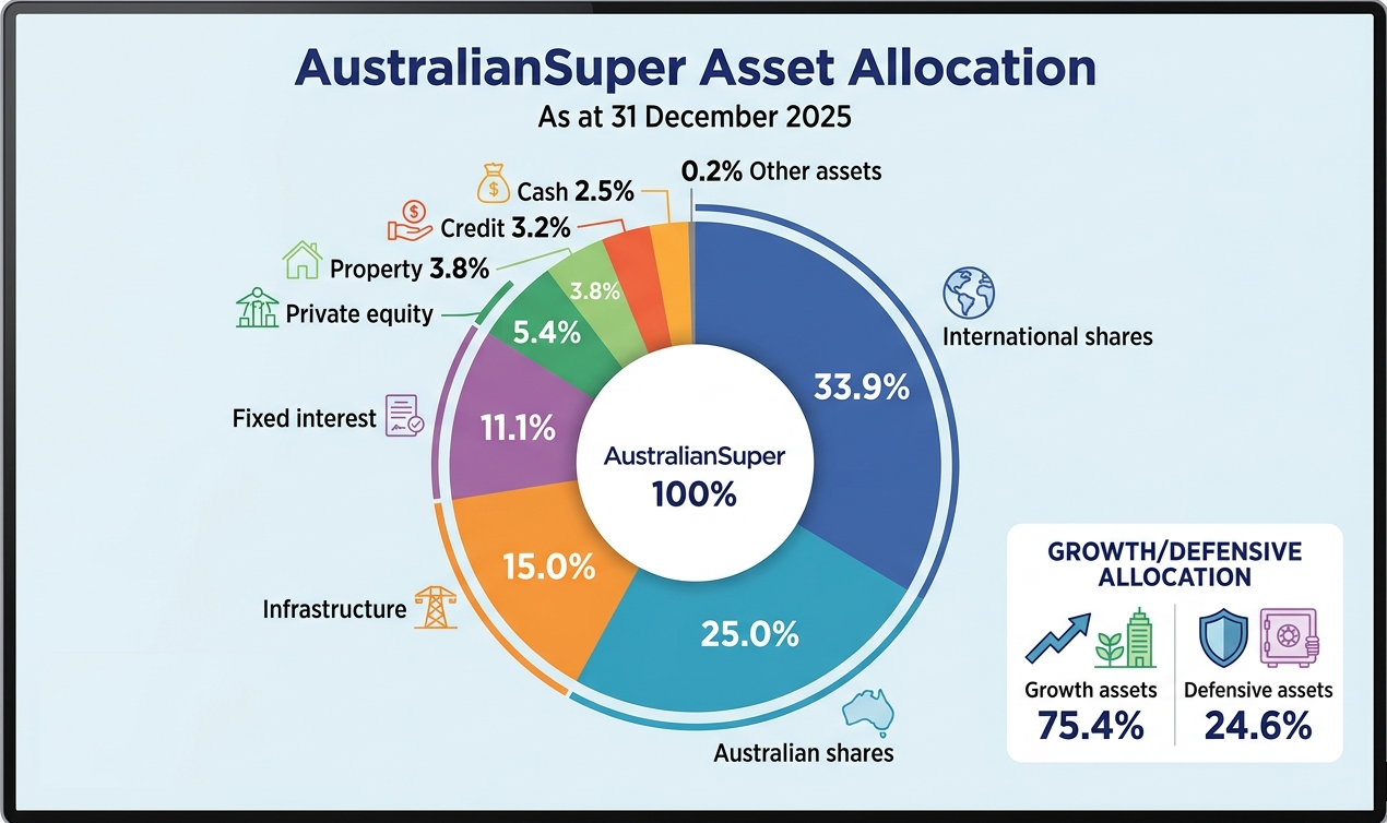 AustralianSuper Balanced option asset allocation (as at 31 December 2025, Source: AustralianSuper website)