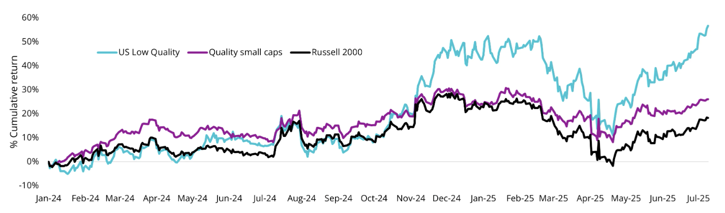 Source: VanEck. Bloomberg, 31 December 2025. Performance in Australian dollars. Results assume immediate reinvestment of all dividends and exclude costs associated with investing and taxes. You cannot invest directly in an index. Past performance is not a reliable indicator of future performance. Quality small caps is MSCI World ex Australia Small Cap Quality 150 Index. US low quality is the UBS Low Quality basket.