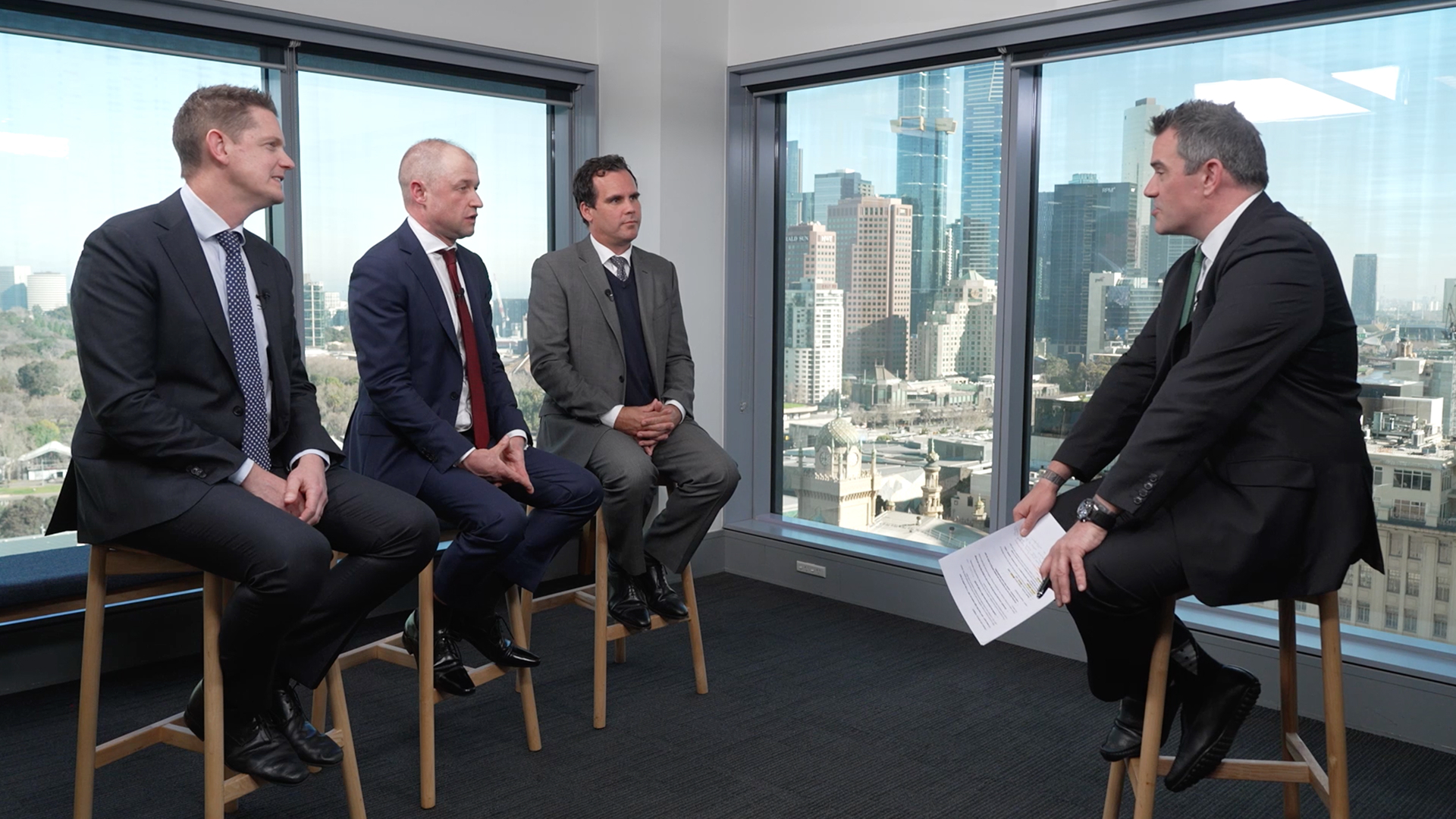 Livewire's Chris Conway interviewing Yarra's Marcus Ryan, Michael Steele, and Joel Fleming (L-R)
