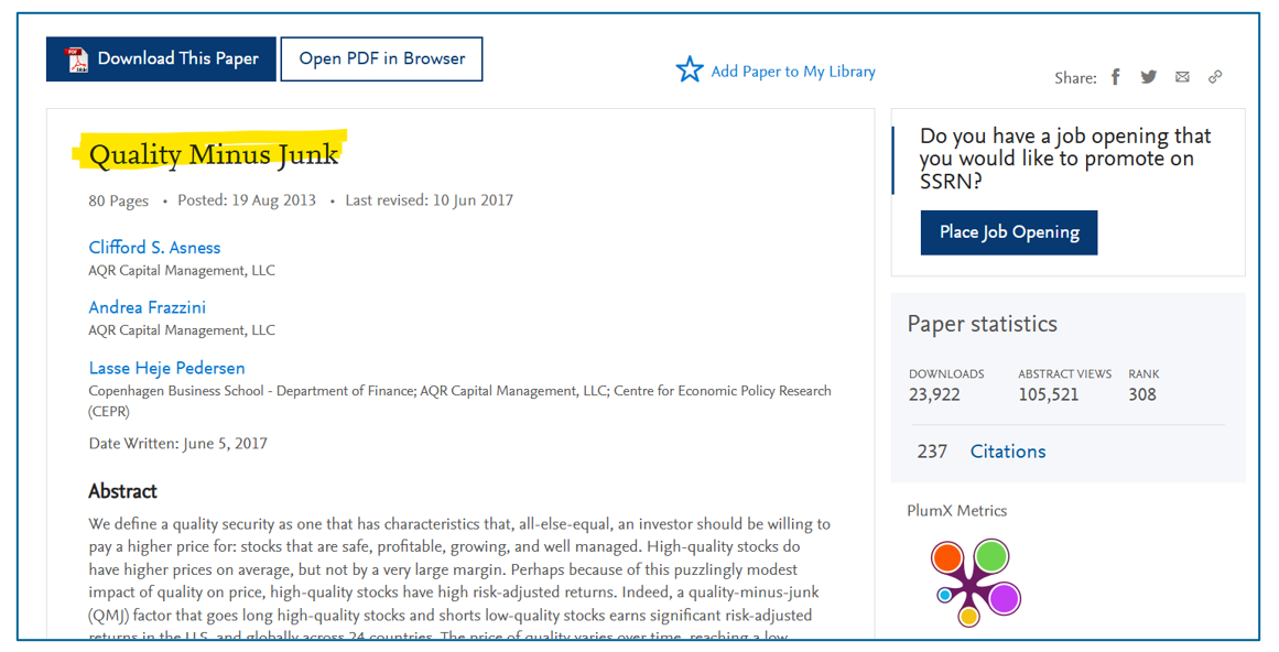 Figure 3. The SSRN listing for Asness, Frazzini and Pedersen’s ‘Quality Minus Junk’, the seminal paper documenting the quality premium.