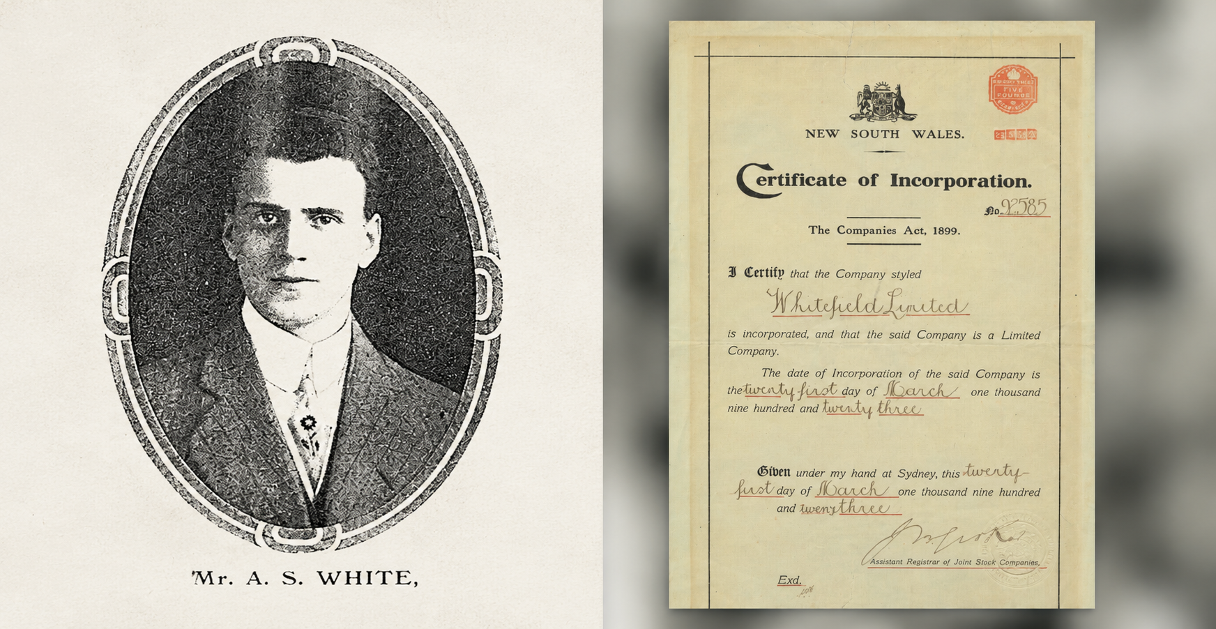 Caption: A.S. White, founder of Whitefield Limited, alongside the company's original certificate of incorporation, dated 21 March 1923. Source: Whitefield.