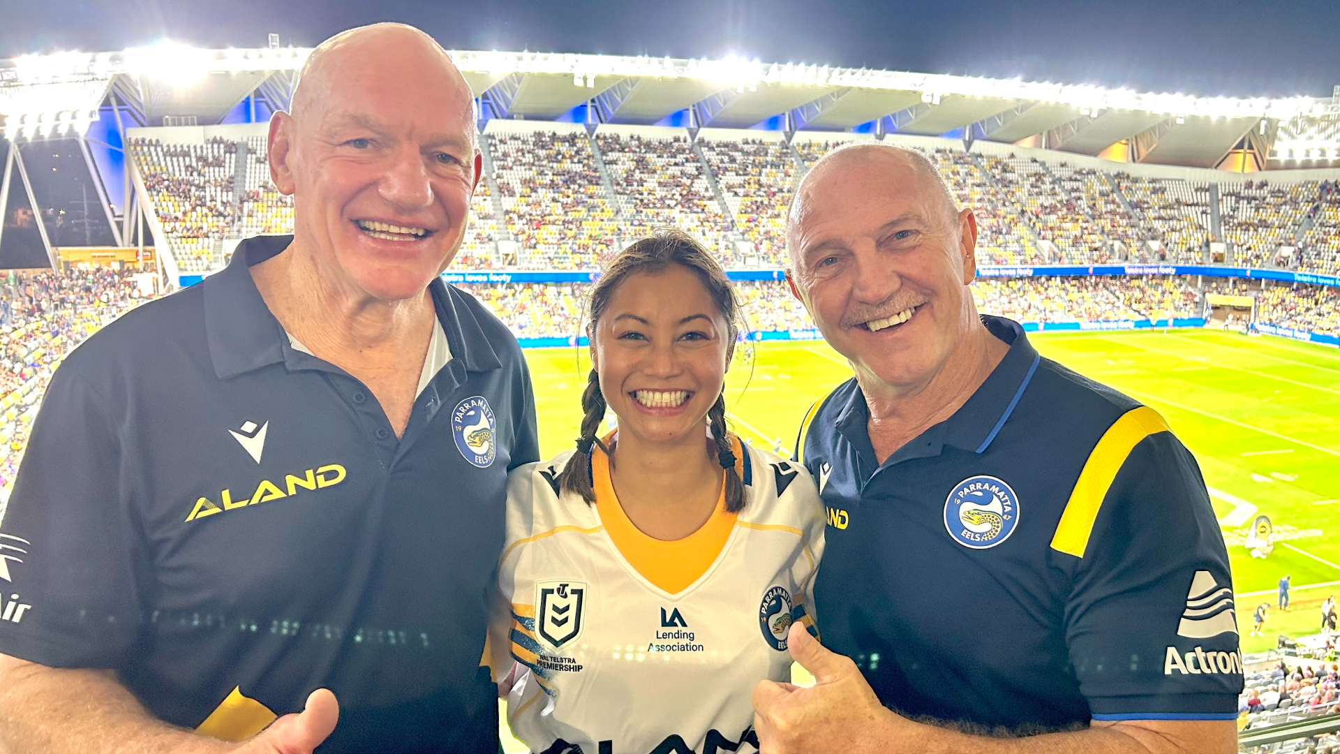 Arms Rosenberg with Parramatta Eels legends Peter Wynn (left) and Brett Kenny (right)