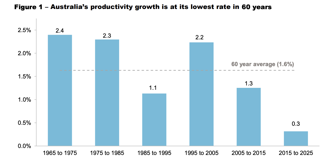 Labour productivity calculated as GDP per hour worked. GDP data sourced from the ABS between 1964-65 and 2024-25. Hours worked data from Penn World Tables for between 1964-65 and 1973-74 and from the ABS between 1974-75 and 2024-25. Source: PC estimates based upon ABS (2026) and Feenstra et al. (2015).