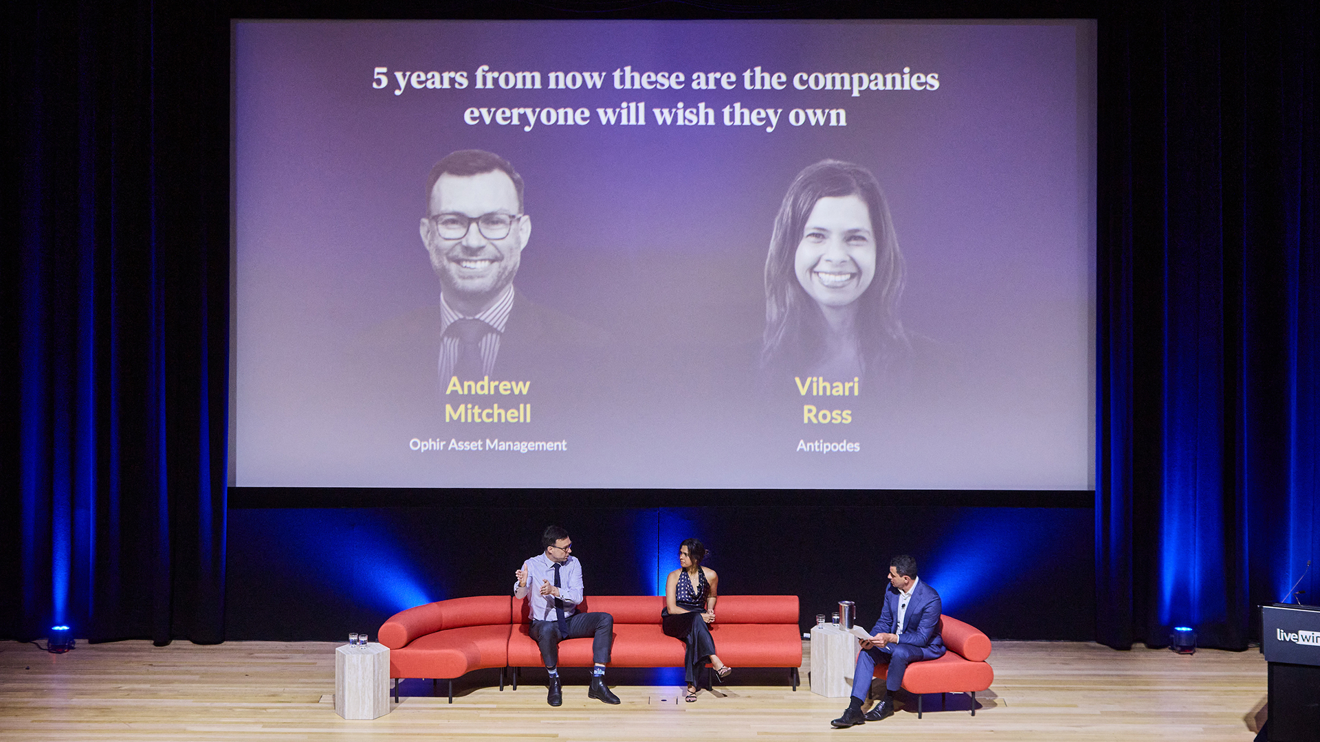 Livewire's James Marlay hosting Antipodes' Vihari Ross and Ophir's  Andrew Mitchell