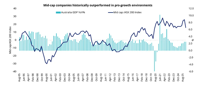 Source: Bloomberg. VanEck. Mid Caps is S&P/ASX 50 Mid Cap Index. Large Caps is S&P/ASX 200 Index. 31 May 2026. Past performance is not indicative of future performance. You cannot invest in an index.