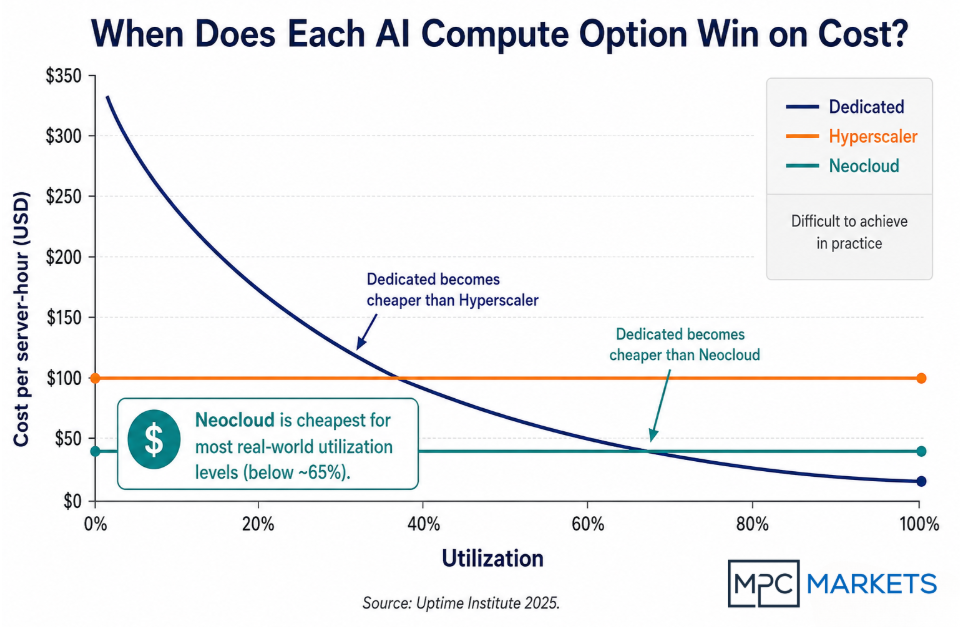 Neoclouds are the lowest-cost option for most real-world utilization levels. Dedicated infrastructure only becomes cheaper once utilization exceeds ~65%